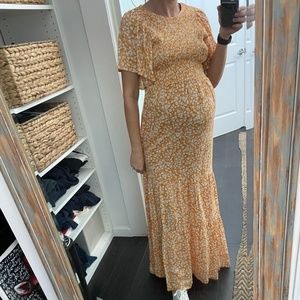 Yellow Floral Smocked Front Pleated Hem Maternity Maxi Dress